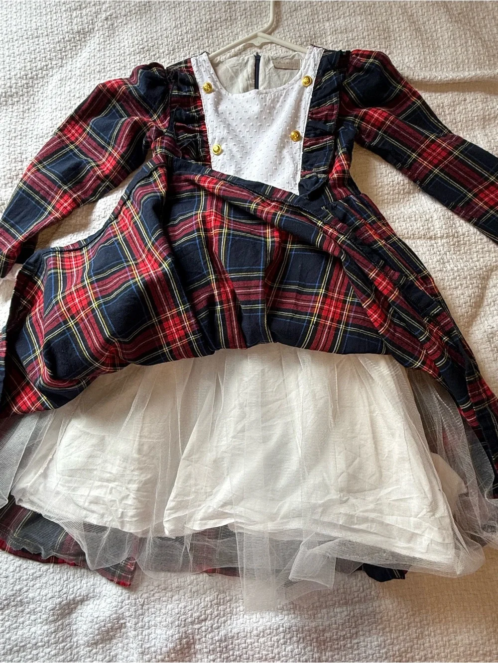 Girls Navy and Red Plaid Formal Dress with White Bib and Gold Buttons